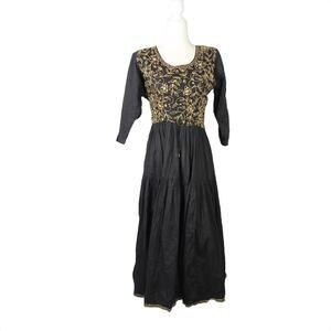 Vintage 90s Passports black cotton midi dress gold embroidery M